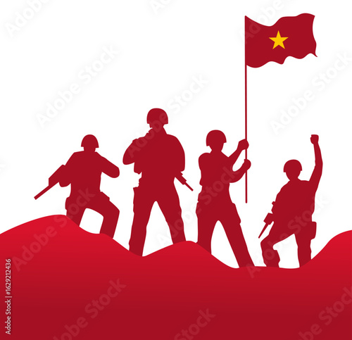 Vietnamese Soldiers Waving Liberation Flags on Independence Day Illustration