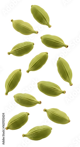 Fresh green cardamom pods floating against a transparent background, perfect for culinary use
