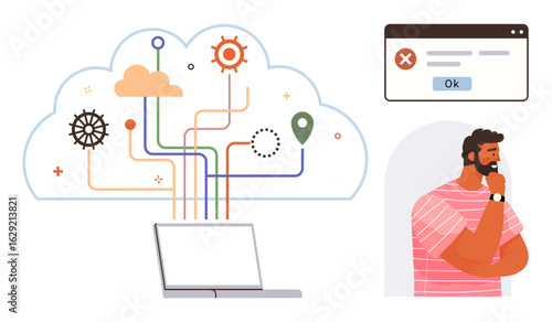 Cloud computing system illustrated with data connections, gears, error popup, and thinking person. Ideal for technology, problem-solving, innovation, troubleshooting, cloud storage IT issues simple