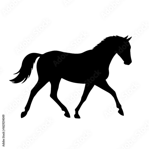 Black silhouette of a horse trotting on a white background