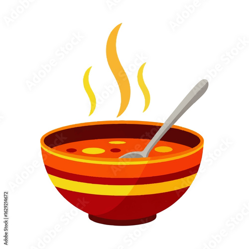 Hot Steaming Bowl of Soup with Spoon.