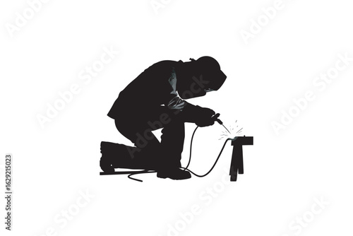 Silhouette of a person kneeling and working with a tool possibly a welder or craftsperson focused on a task against a white background