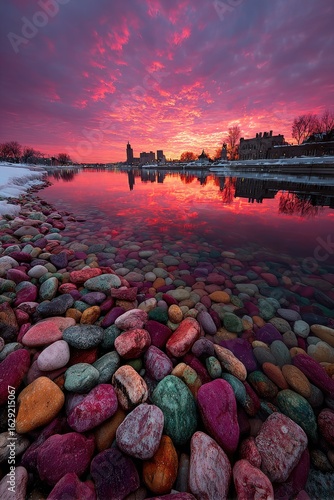 Colorful stones line a calm river reflecting a vibrant sunset sky