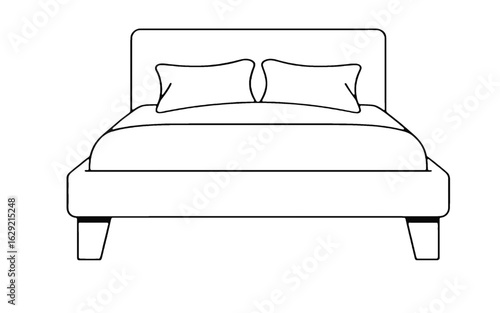 Simple line drawing of a bed with pillows Keywords: bed, bedroom, furniture, sleeping, rest