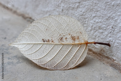 Delicate, bleached leaf rests on grey surface near white wall