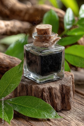 Dark liquid in a small glass bottle, resting on a wooden surface, surrounded by green leaves and branches