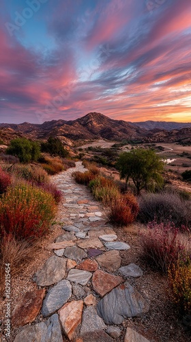 Stone path winds through colorful autumnal landscape towards sunset-kissed hills