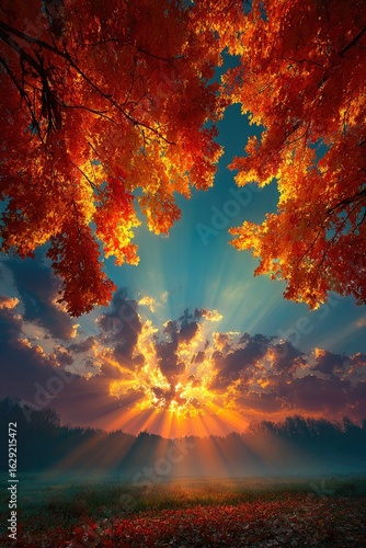 Vibrant autumn sunrise with sun rays piercing through clouds and fiery foliage