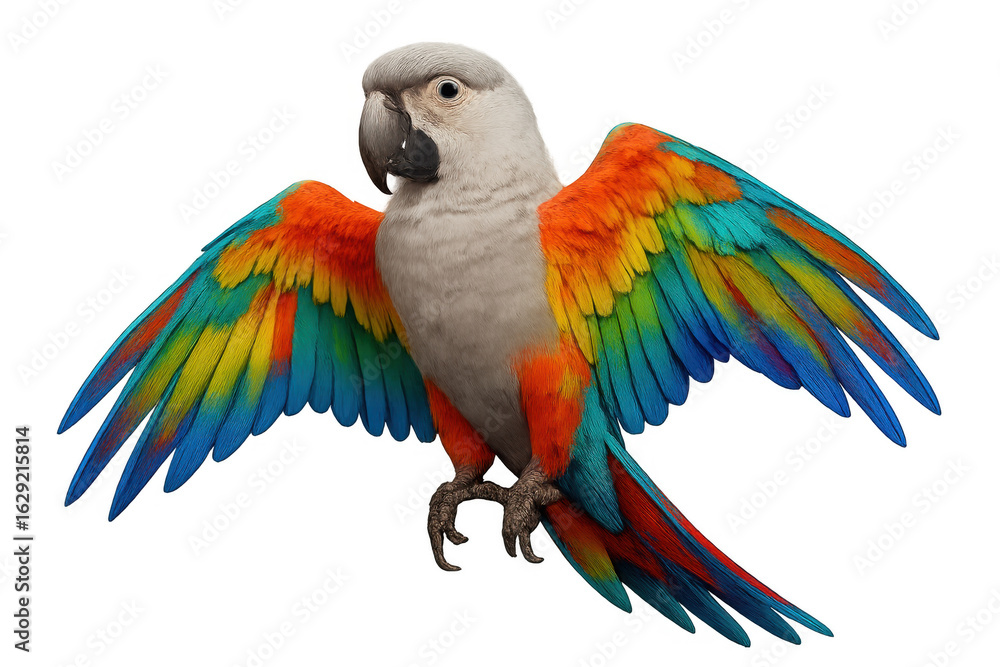 Obraz premium Vibrant hybrid macaw displaying spread multicolored plumage against transparent backdrop