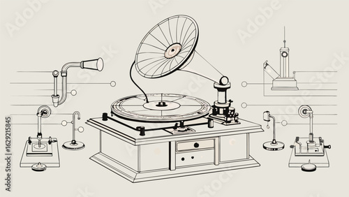 A handdrawn diagram of a record player patent from the early 1900s highlighting the inner workings of the tonearm and stylus. Vector illustration