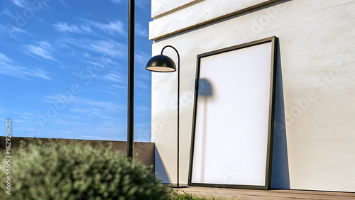 Blank Poster Frame With Floor Lamp On Wall	