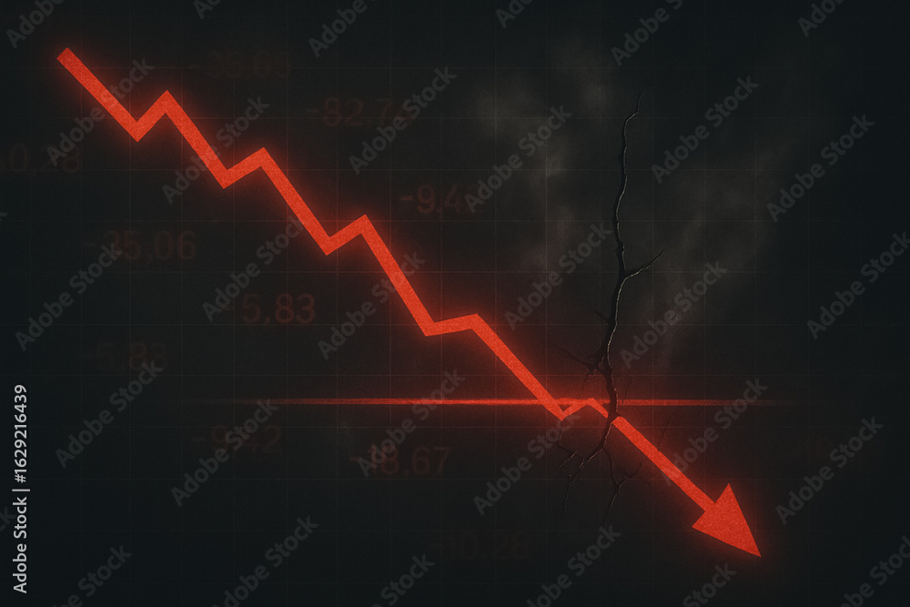 Naklejka premium Economic Decline: An illustration of a downward trending red arrow set against a dark, gritty textured backdrop, visually depicting market volatility, decline, and recession.