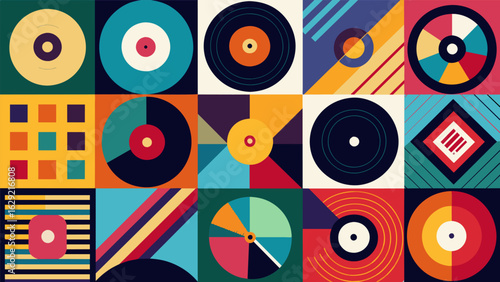 A collage of vinyl covers with an array of patterns and colors creating a visually striking display. Vector illustration