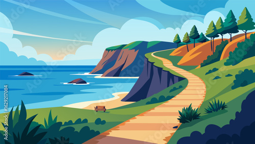 A coastal trail hugging the shoreline and offering breathtaking ocean views creating a soothing environment for mindful walking.. Vector illustration