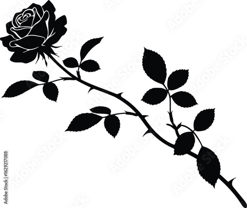 Silhouette illustration of a rose with thorns and leaves, isolated on a white background.