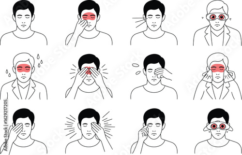 Icons of men experiencing eye discomfort and vision problems