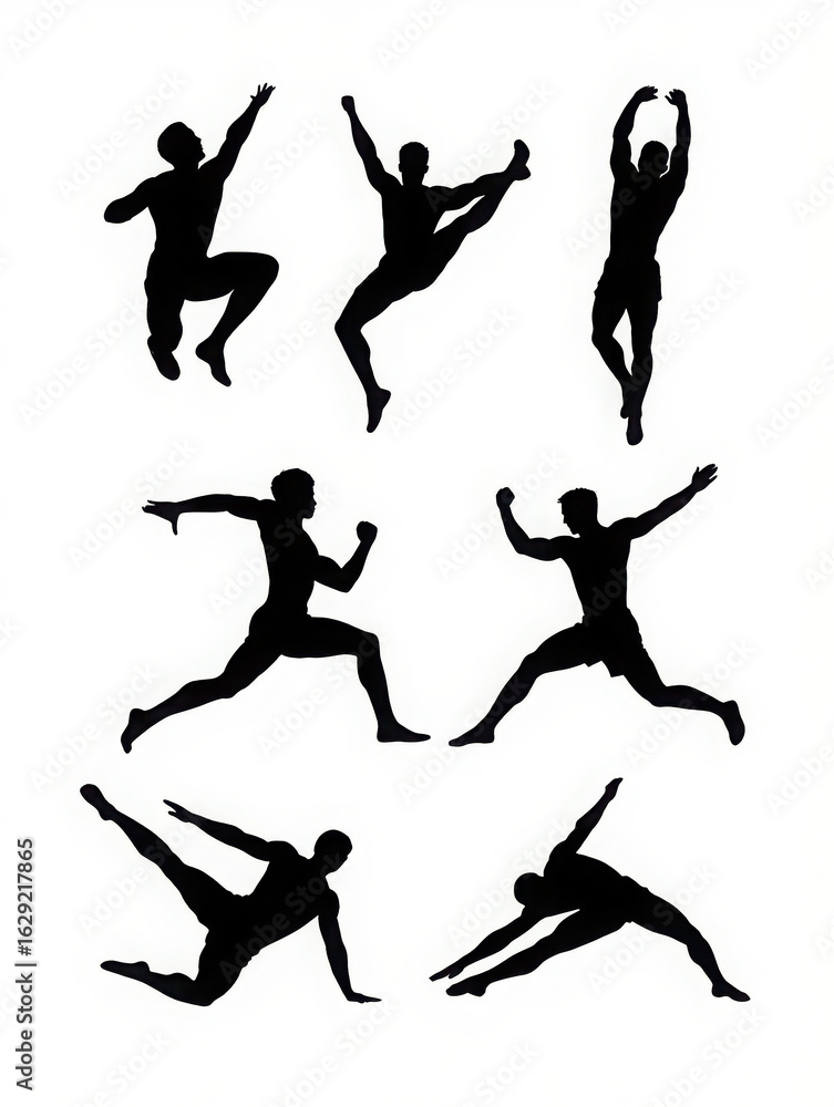 Fototapeta premium Silhouettes of athletes and dancers in dynamic poses, showcasing flexibility, strength, and graceful movement