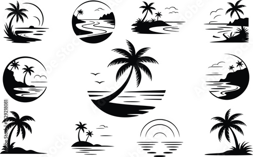 Silhouettes of tropical coastal landscapes and seascapes