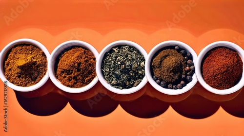 Five spice bowls, orange background, sunlight, food photography
