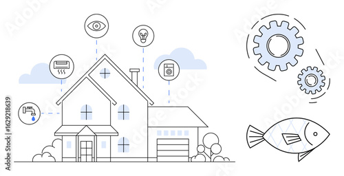 Contemporary house surrounded by IoT devices for vision, lighting, air, water, and security. Gears and fish symbolizing automation, sustainability, and eco-friendly living. Ideal for technology