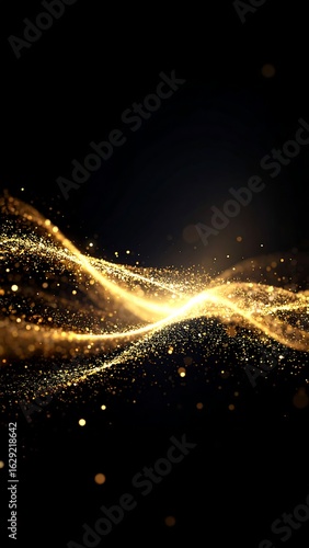 Abstract gold particles forming wavy lines against a black background, glowing brightly in the center