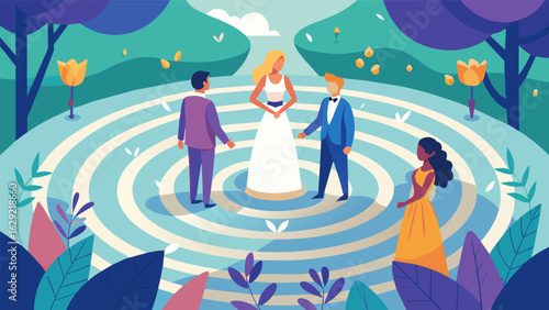 A bride and groom exchanging heartfelt vows in the center of a labyrinth surrounded by loved ones and the calming energy of the garden.. Vector illustration