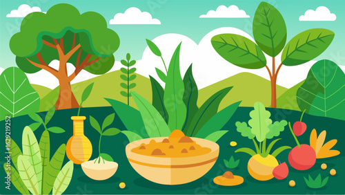 A peaceful sanctuary of greenery where healing herbs such as ginger turmeric and garlic grow in abundance..