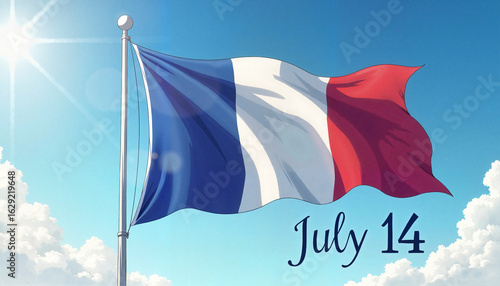  French flag waving in blue sky with July 14 text