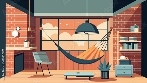 A modern loft apartment with exposed brick walls and a minimalist design featuring a suspended hammock chair for ultimate relaxation..