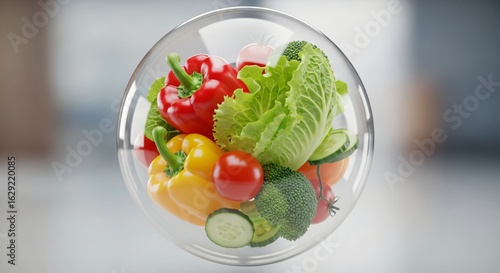 Glass bubble with green leafy vegetables healthy nutrition supplement