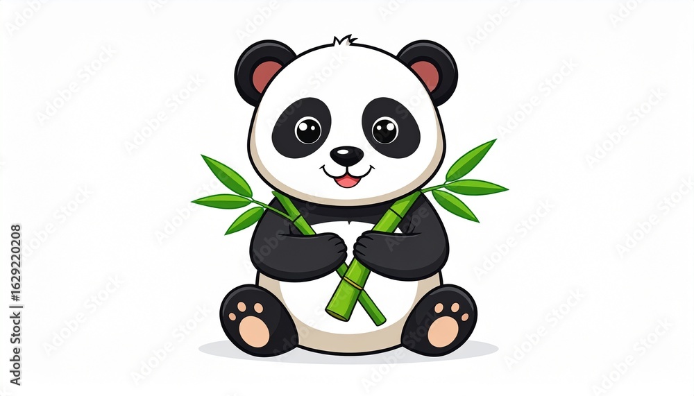 Obraz premium An adorable cartoon panda bear cub sitting happily while holding green bamboo stalks.