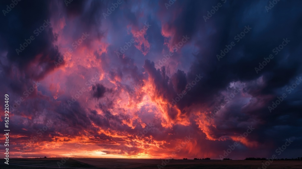 Fototapeta premium A breathtaking sunset showcases an array of colors, with deep reds and purples illuminating the sky. Dark clouds add depth to the beautiful rural landscape below during evening hours.