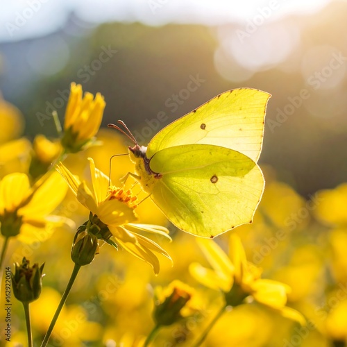 Butterfly on yellow flowers in sunlight
