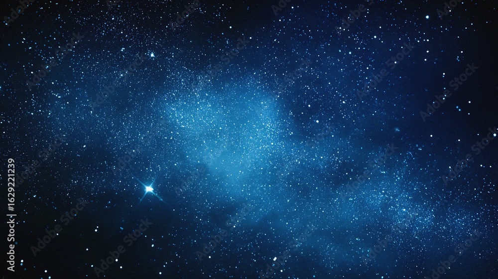 Fototapeta premium Starry sky background, blue night sky full of stars, glowing stars in the dark space, starry background, dark night, stars in the distance, starlight, dark background with a blue glow, night sky. 