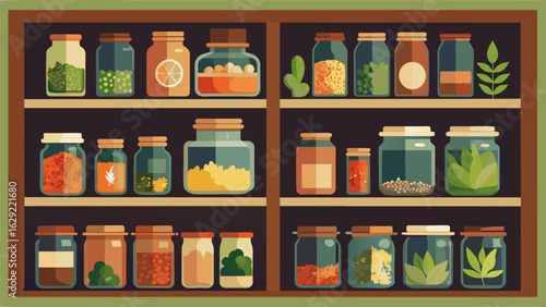 A kitchen pantry lined with jars of dried herbs carefully labeled and stored after being harvested from an indoor garden ready to add a touch of.