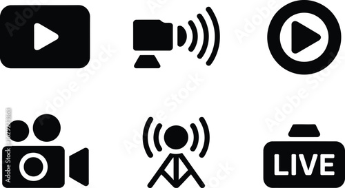 Collection of six black video and broadcast related icons