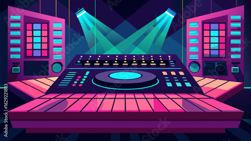 A large mixing console takes center stage highlighted by the dim neon lights around it. Vector illustration