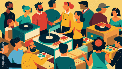 A bustling crowd of music lovers milling around tables piled high with crates of vinyl records. Vector illustration
