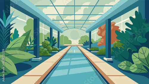 A beautiful indoor garden with natural lighting surrounds the soft track creating a peaceful and restorative atmosphere for rehab patients.. Vector illustration