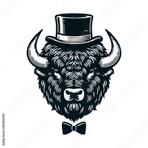 Bison Head with Top Hat and Bow Tie Illustration
