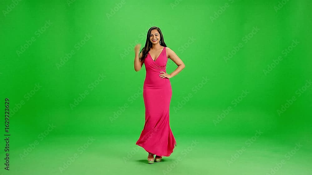 Woman in pink gown posing with hands on hips against a green screen backdrop in a studio setting Woman in pink gown posing with hands on hips against a green screen backdrop in a studio setting