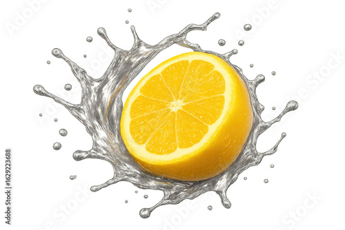 Sliced yellow citrus fruit splashing water droplets, transparent backdrop highlighting fresh, vibrant liquid motion