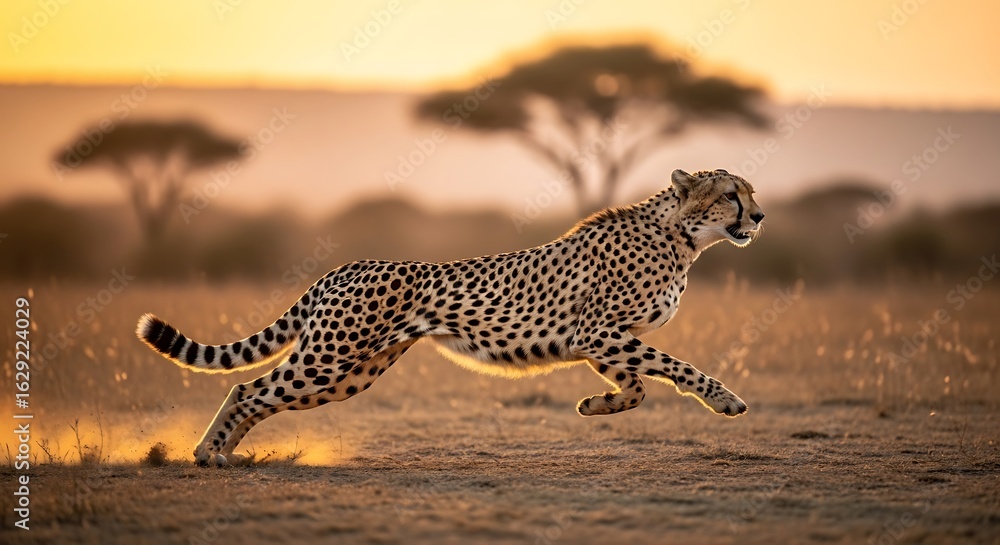 Fototapeta premium Cheetah running with speed and grace in golden sunset light