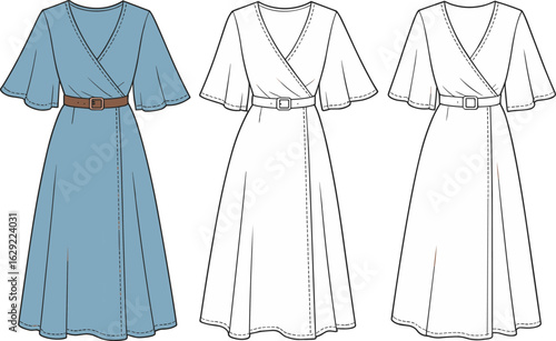 Women’s wrap dress CAD drawing, fashion flat vector illustration, belted dress design, flutter sleeve style, clothing template, technical sketch