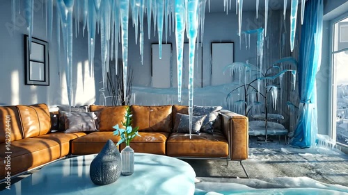 Cozy living room transformed into a winter wonderland with ice formations and blue decor