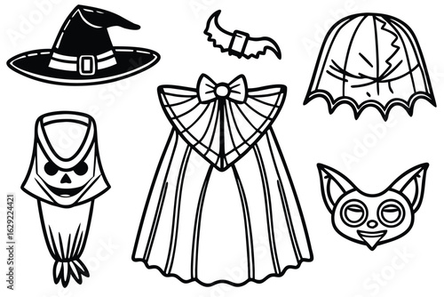 Black and white Halloween costume elements witch hat cape ghost bat vector