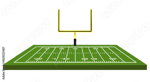 An illustrated American football field with a yellow goalpost and white yard line markings.
