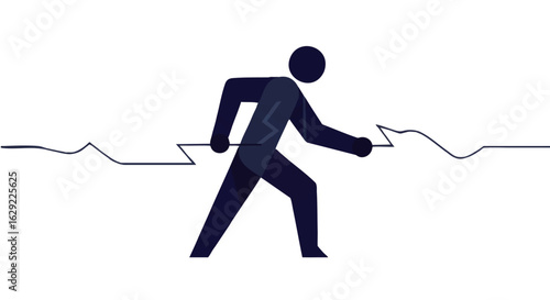 Dynamic blue stick figure with a lightning bolt emblem pulling a jagged continuous line.