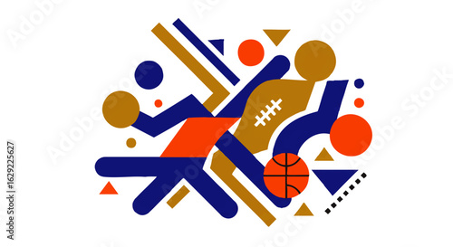 Dynamic Abstract Geometric Sports Figures with Basketball and Football in Blue Orange Gold.
