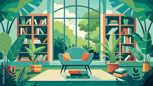 A comfortable reading nook in a sunlit conservatory surrounded by lush plants and shelves of books creating a tranquil reading environment..